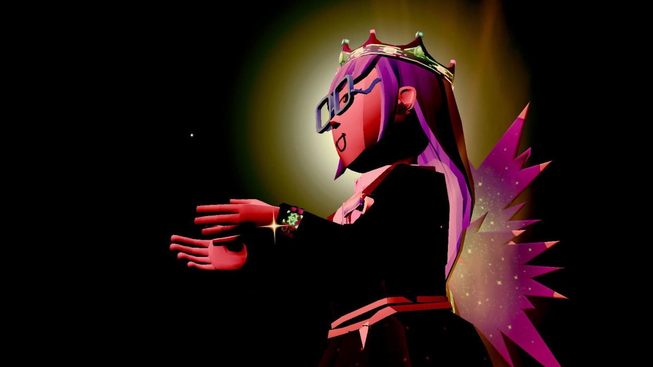 A spotlit avatar mid-worship in Rec Room