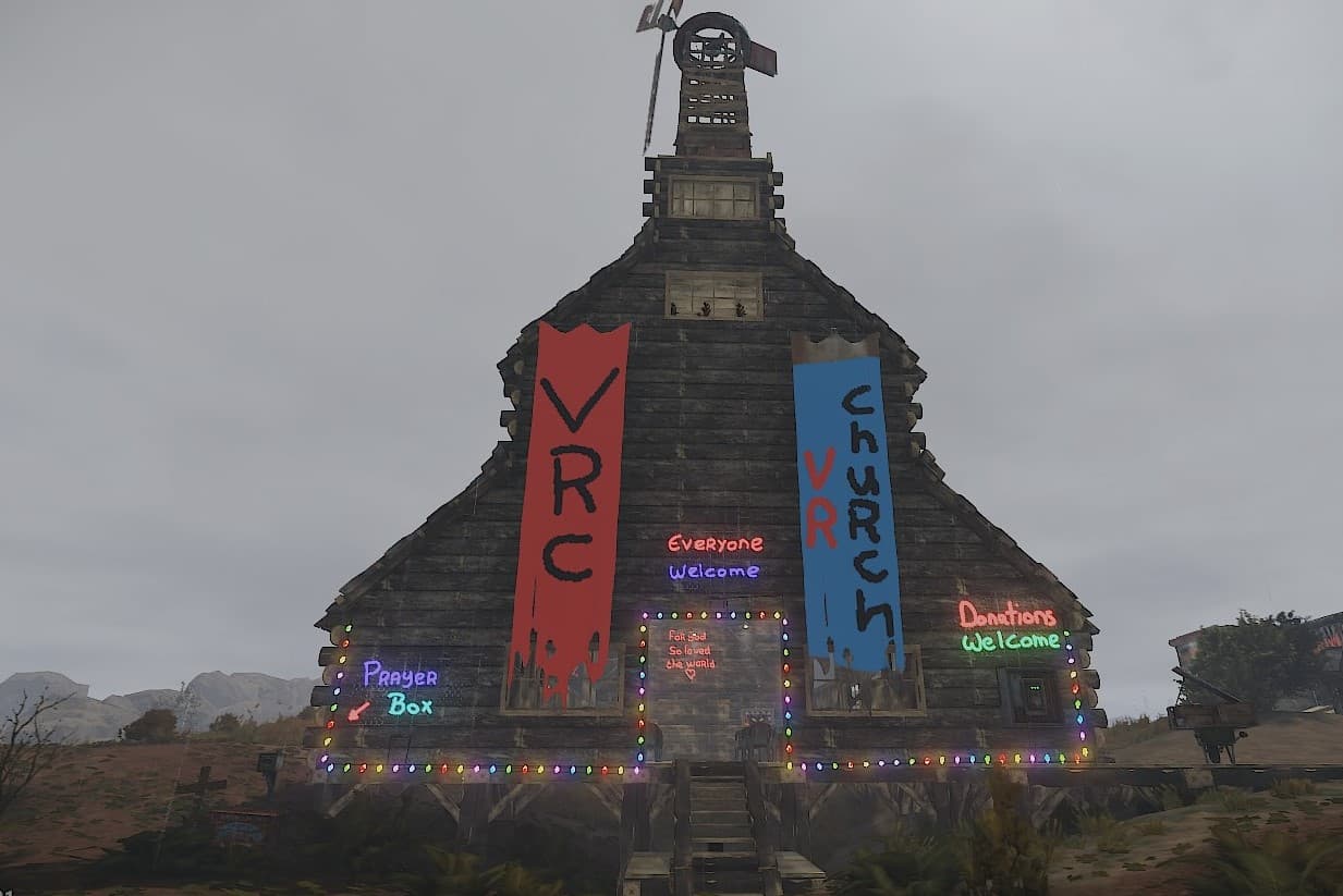 A wooden church tower with a glowing cross in Rust