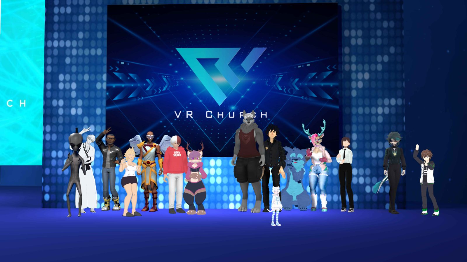 VR Church gathered on stage in VRChat